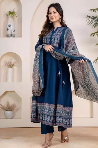 Cotton cambric anarkali kurti-pant-dupatta set