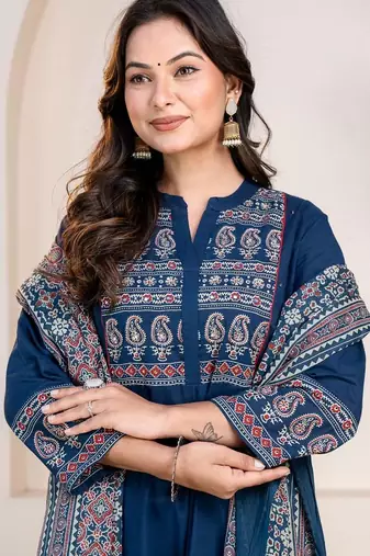 Cotton cambric anarkali kurti-pant-dupatta set