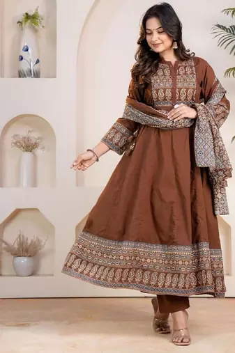 Cotton cambric anarkali kurti-pant-dupatta set
