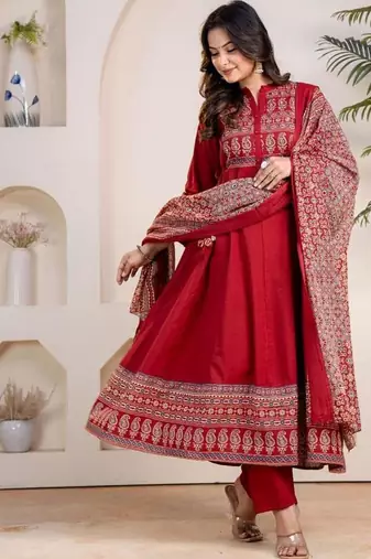 Cotton cambric anarkali kurti-pant-dupatta set