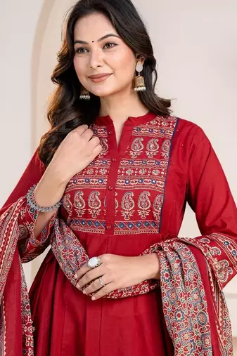 Cotton cambric anarkali kurti-pant-dupatta set
