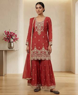 Red embroidered heavy crunchy silk sharara suit 1