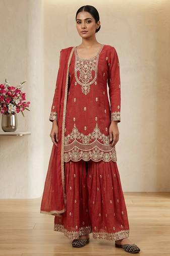 Red embroidered heavy crunchy silk sharara suit