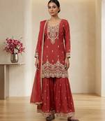 Red embroidered heavy crunchy silk sharara suit
