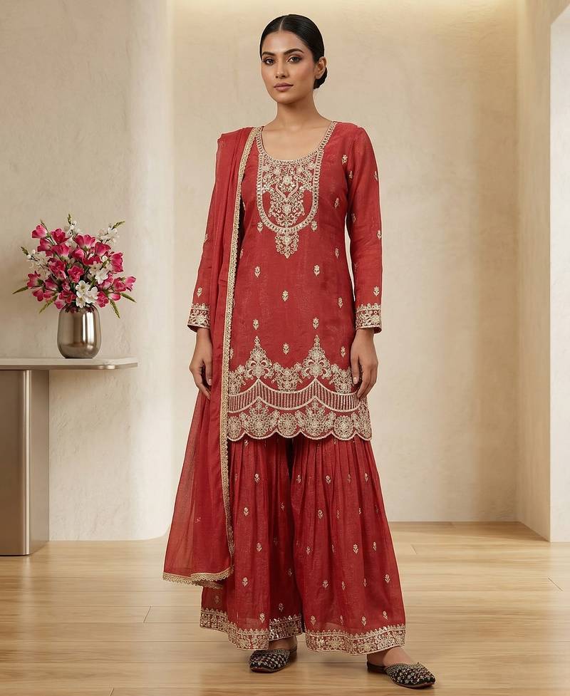 Red embroidered heavy crunchy silk sharara suit