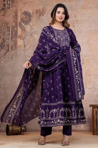 Cotton cambric anarkali kurti-pant-dupatta set