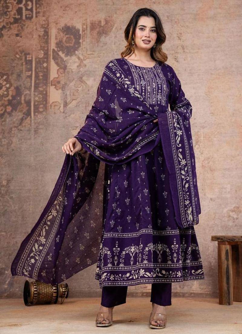 Cotton cambric anarkali kurti-pant-dupatta set