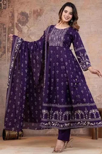 Cotton cambric anarkali kurti-pant-dupatta set