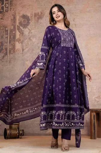 Cotton cambric anarkali kurti-pant-dupatta set
