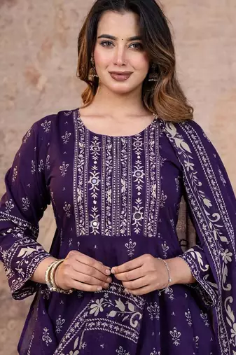 Cotton cambric anarkali kurti-pant-dupatta set