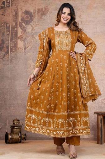 Cotton cambric anarkali kurti-pant-dupatta set