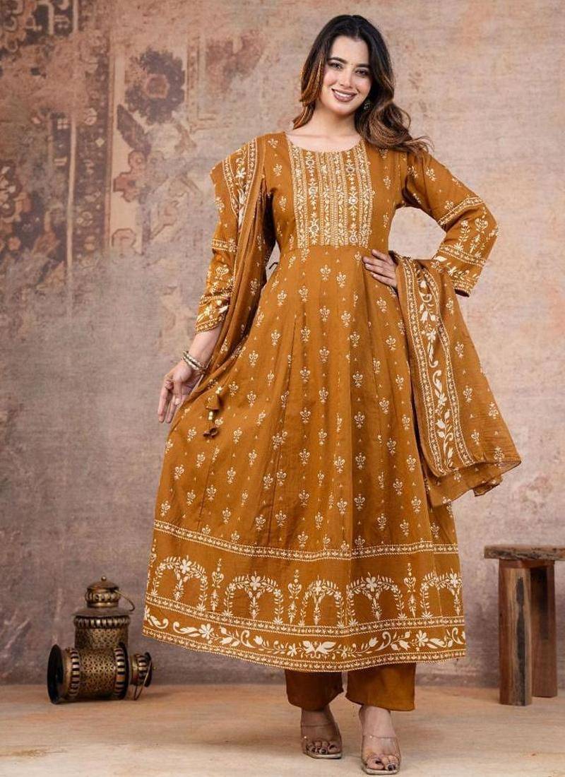 Cotton cambric anarkali kurti-pant-dupatta set