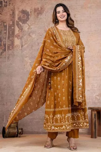Cotton cambric anarkali kurti-pant-dupatta set