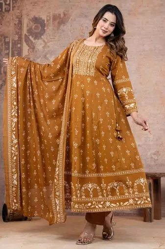 Cotton cambric anarkali kurti-pant-dupatta set
