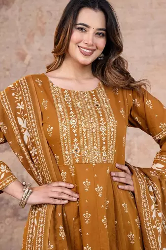 Cotton cambric anarkali kurti-pant-dupatta set