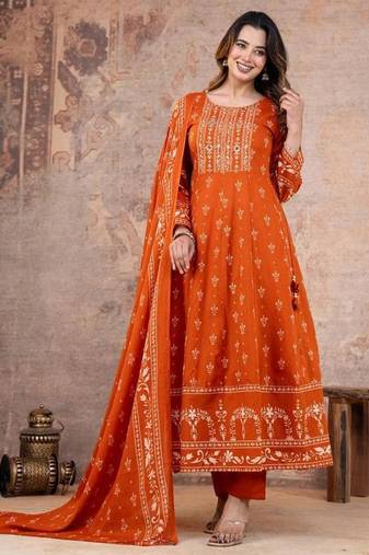 Cotton cambric anarkali kurti-pant-dupatta set