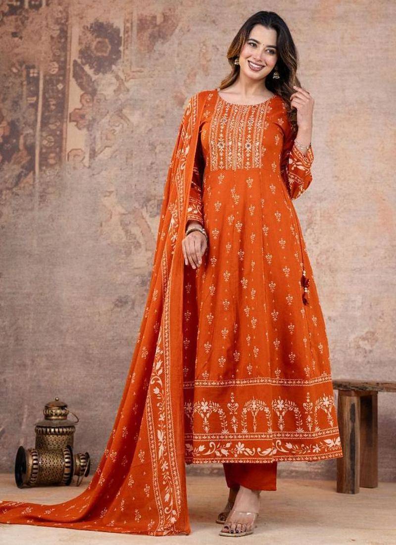 Cotton cambric anarkali kurti-pant-dupatta set