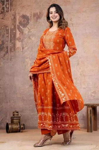 Cotton cambric anarkali kurti-pant-dupatta set