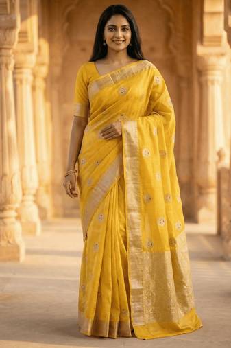 Banarasi viscose silk saree in yellow colour with meenakari work