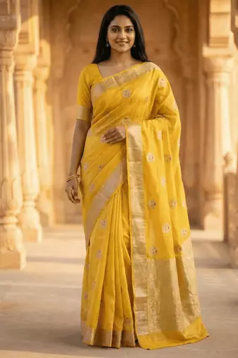 Banarasi viscose silk saree in yellow colour with meenakari work
