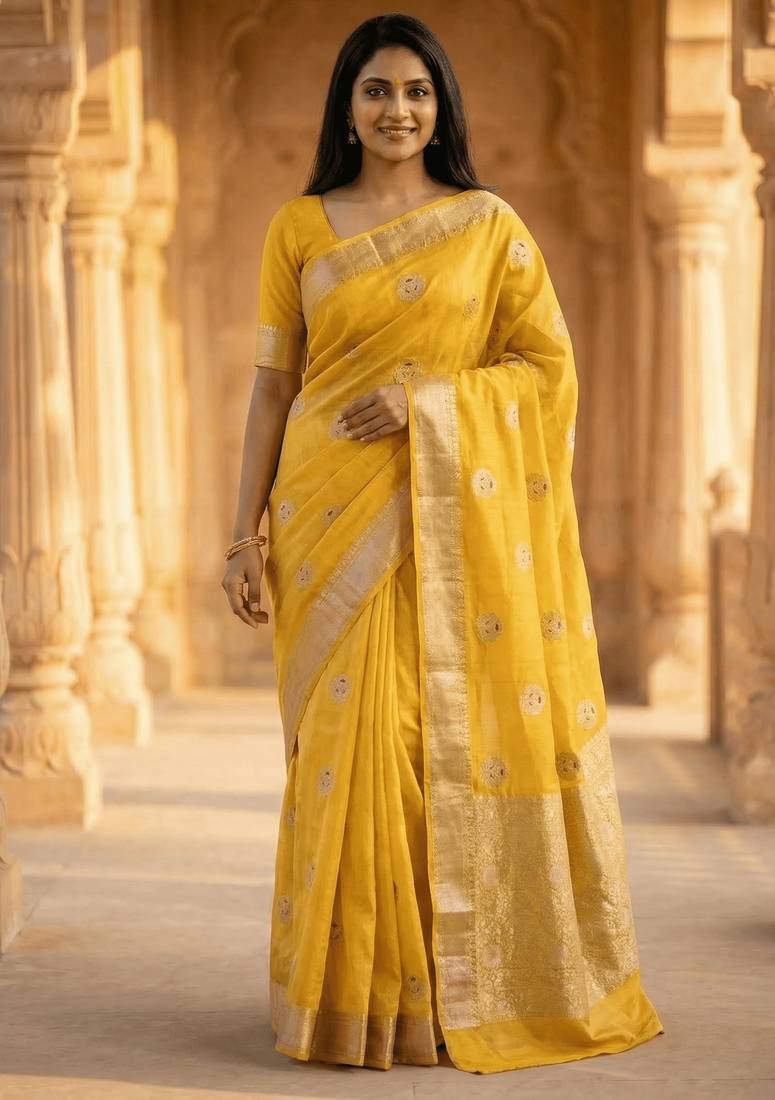 Banarasi viscose silk saree in yellow colour with meenakari work