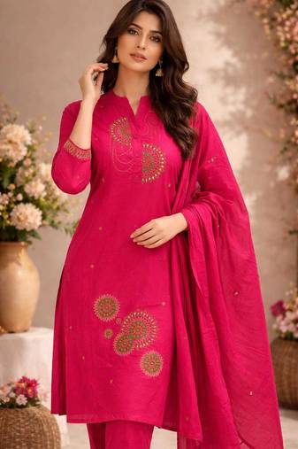 Cotton cambric straight  kurti-pant-dupatta set