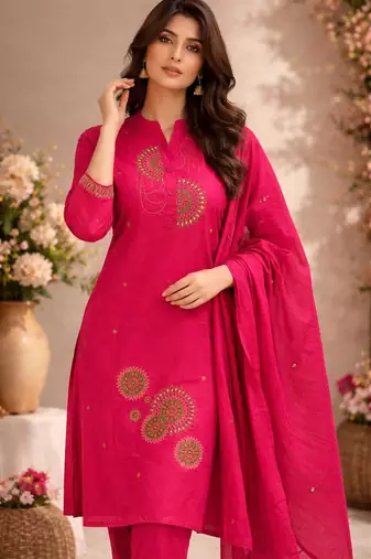 Cotton cambric straight  kurti-pant-dupatta set