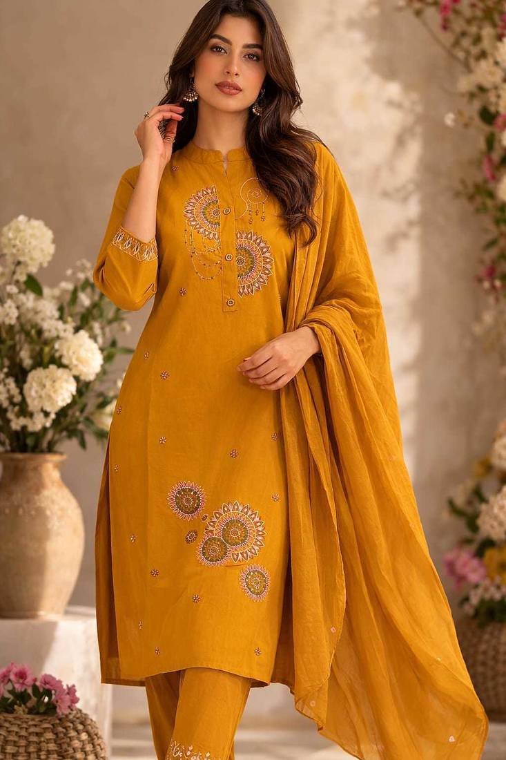 Cotton cambric straight  kurti-pant-dupatta set