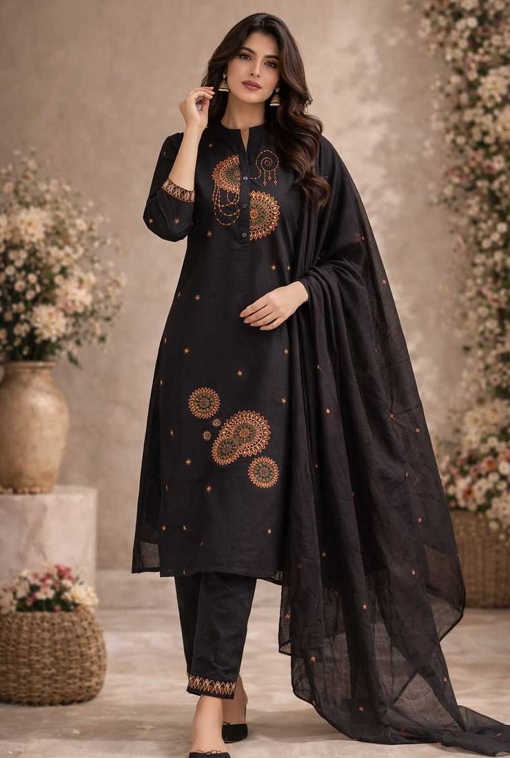 Cotton cambric straight  kurti-pant-dupatta set