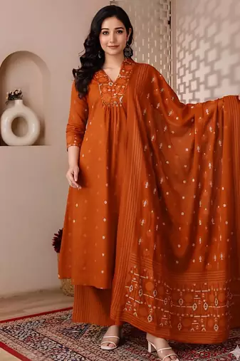Cotton cambric a-line  kurti-pant-dupatta set