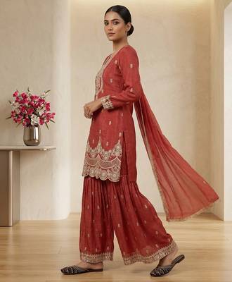 Red embroidered heavy crunchy silk sharara suit 2