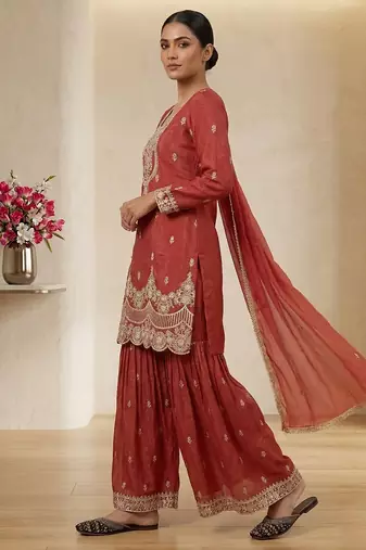 Red embroidered heavy crunchy silk sharara suit