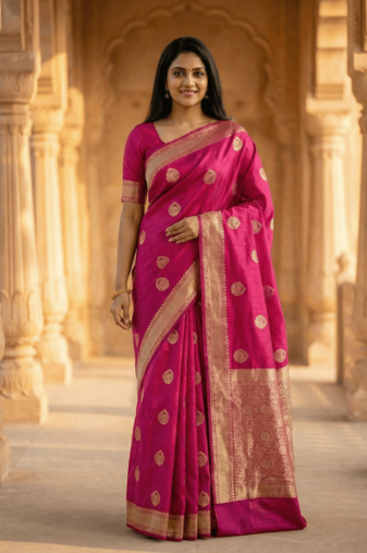 Banarasi viscose silk saree in magenta colour with meenakari work