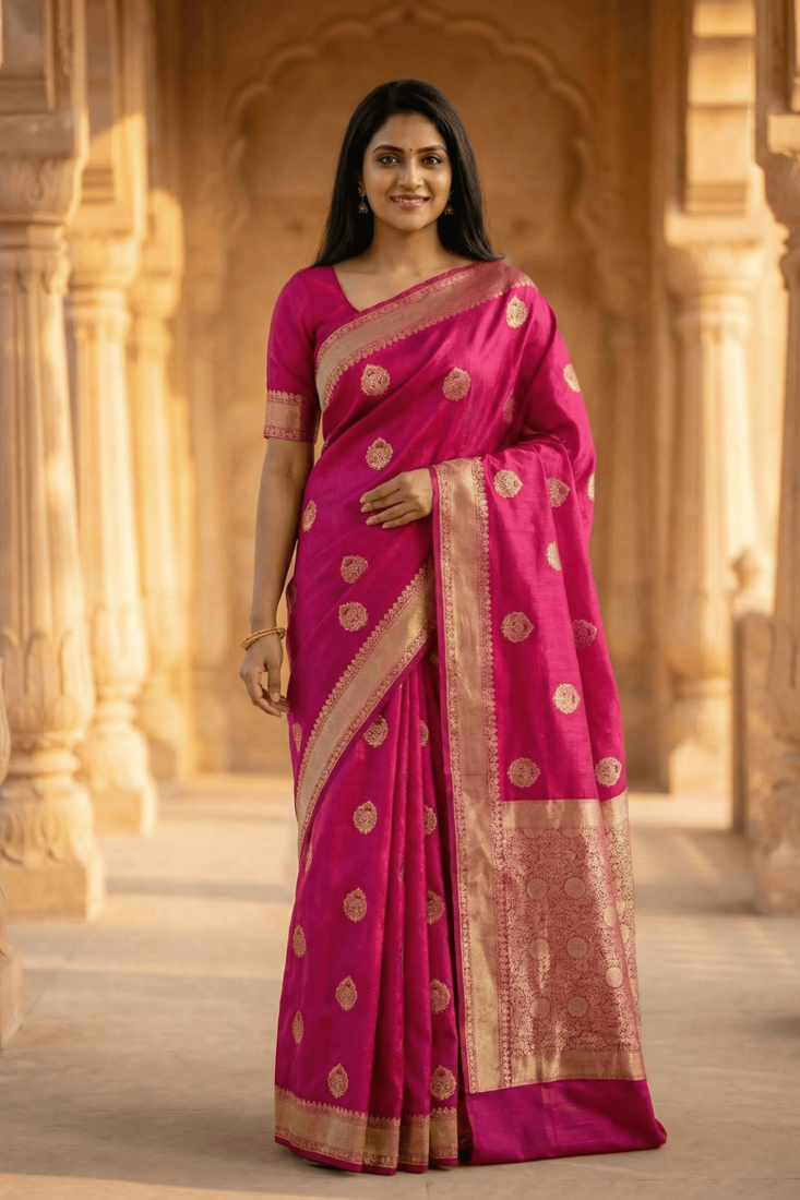 Banarasi viscose silk saree in magenta colour with meenakari work
