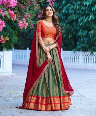 Ethnic Kanchipuram Silk Zari Border Lehenga Set 1