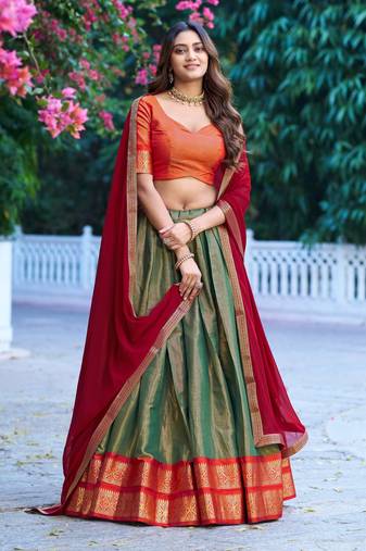 Ethnic Kanchipuram Silk Zari Border Lehenga Set