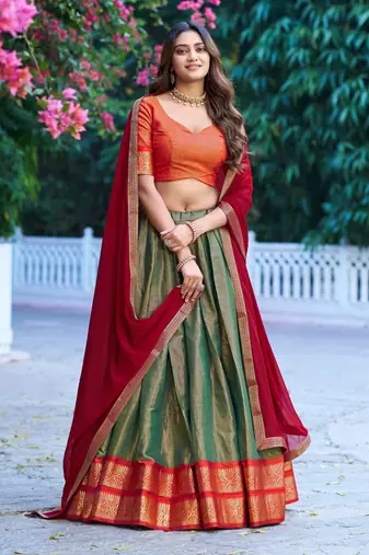 Ethnic Kanchipuram Silk Zari Border Lehenga Set