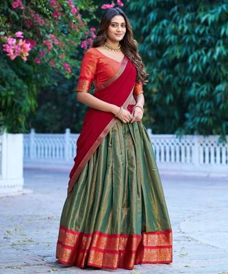 Ethnic Kanchipuram Silk Zari Border Lehenga Set 3