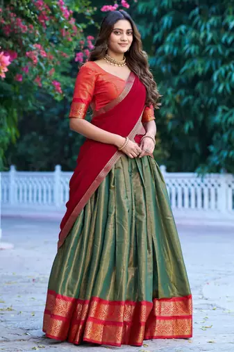 Ethnic Kanchipuram Silk Zari Border Lehenga Set