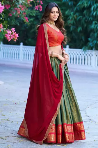 Ethnic Kanchipuram Silk Zari Border Lehenga Set