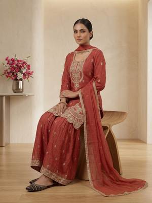 Red embroidered heavy crunchy silk sharara suit 3