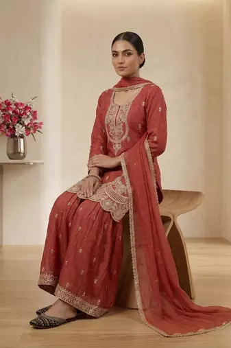 Red embroidered heavy crunchy silk sharara suit