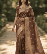 Banarasi viscose silk saree in chiku colour with floral zari meenakari work
