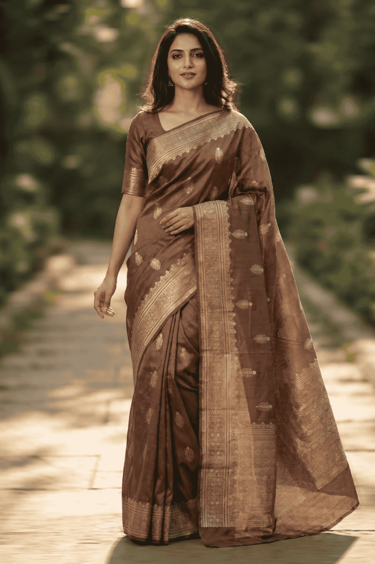 Banarasi viscose silk saree in chiku colour with floral zari meenakari work