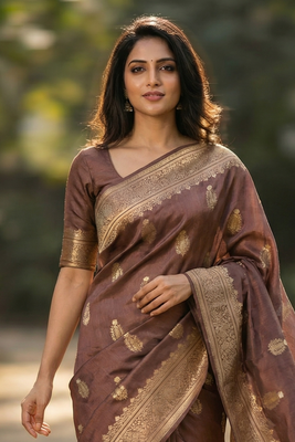 Banarasi viscose silk saree in chiku colour with floral zari meenakari work 2