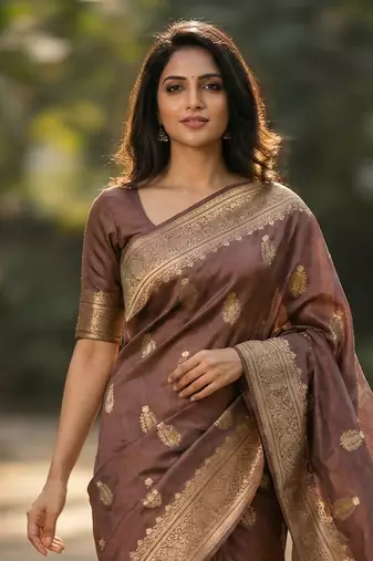 Banarasi viscose silk saree in chiku colour with floral zari meenakari work