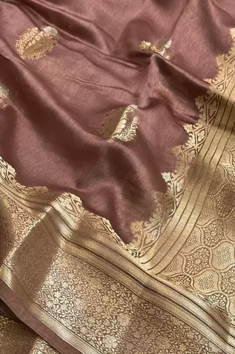 Banarasi viscose silk saree in chiku colour with floral zari meenakari work