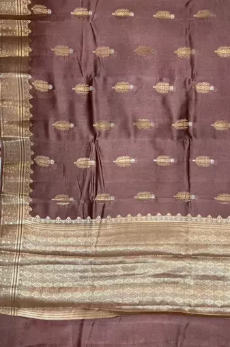 Banarasi viscose silk saree in chiku colour with floral zari meenakari work