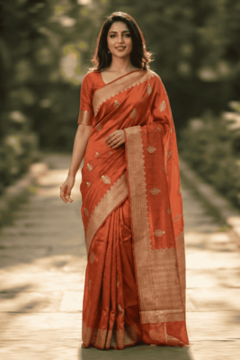 Banarasi viscose silk saree in orange colour with floral zari meenakri work 1