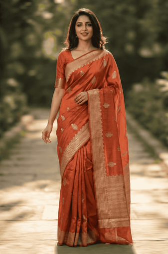 Banarasi viscose silk saree in orange colour with floral zari meenakri work